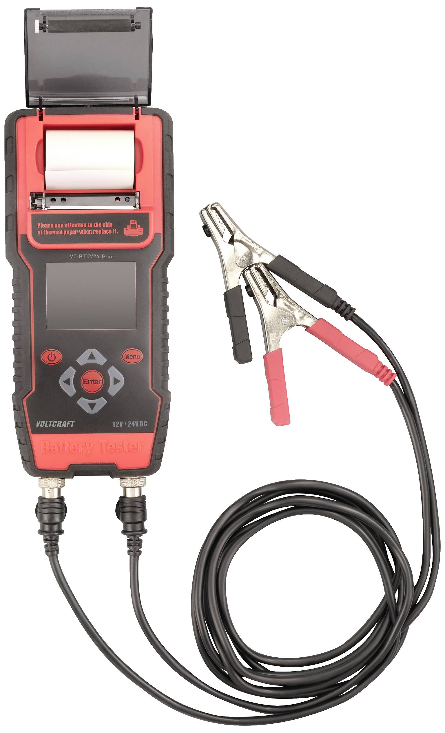 Ein Batterietester zeigt Ergebnisse auf einem kleinen Bildschirm mit einem Drucker oben. Zwei Klemmen sind angebracht für den Anschluss.