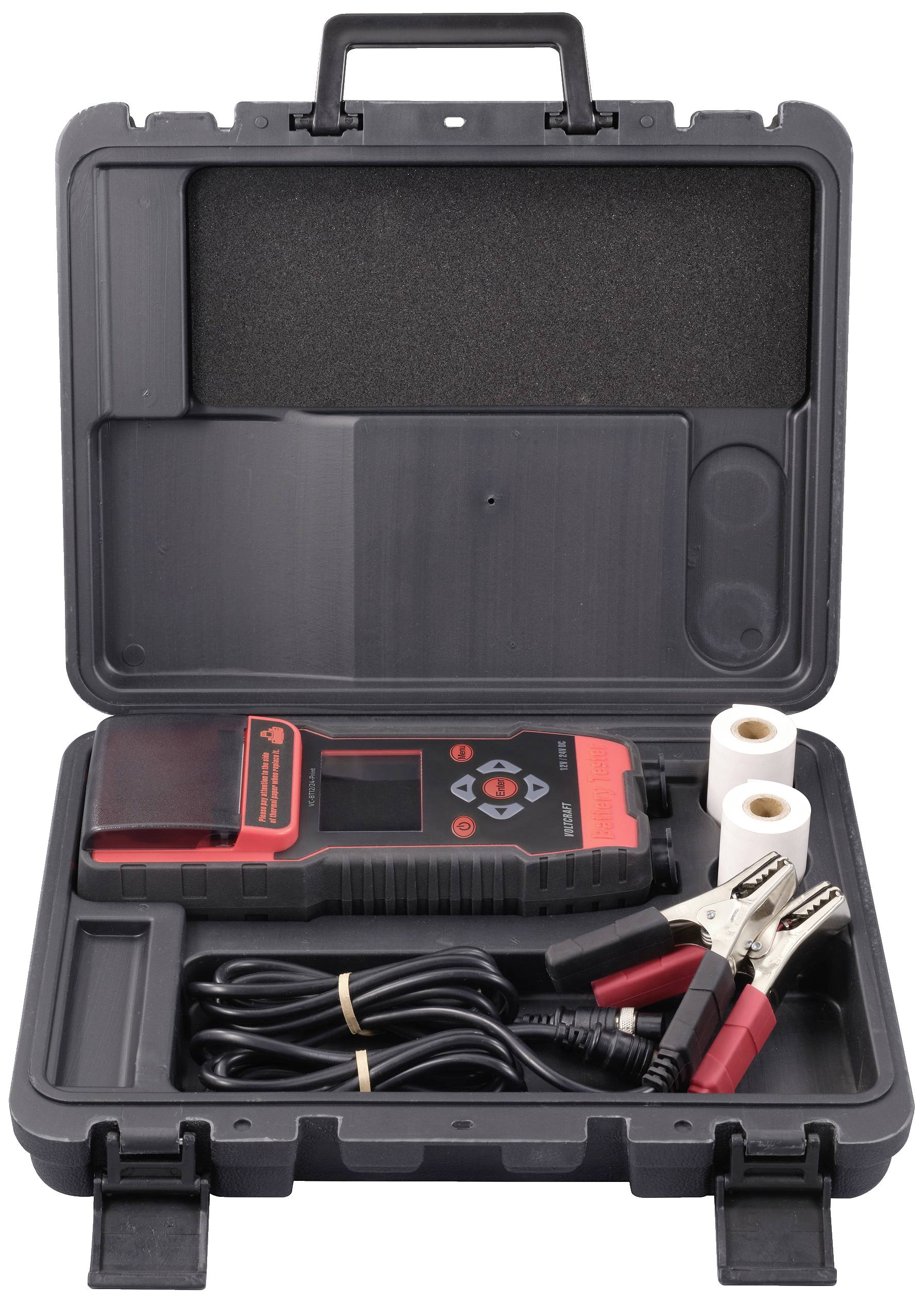 Schwarz-rotes Diagnosetool in einem offenen schwarzen Koffer, mit Kabeln, Klemmen, Papierrollen. Für Fahrzeugdiagnose geeignet.