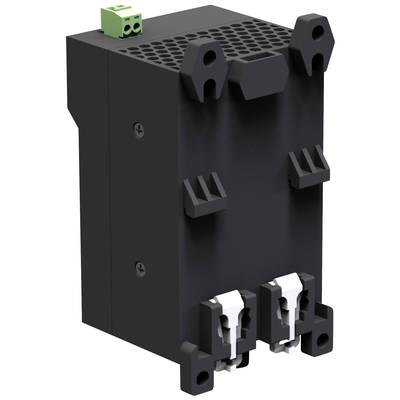 Ein schwarzer, rechteckiger elektrischer Adapter oder Konverter mit mehreren Anschlüssen, inklusive grüner Schraubklemme oben.
