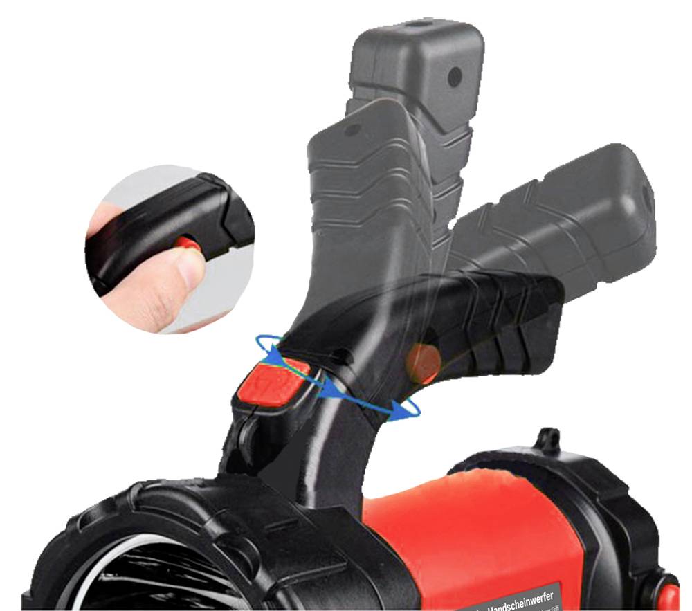 'Tragbarer Handscheinwerfer zeigt Handgriffanpassung; Bild veranschaulicht Winkelverstellung und Bedienung des Schalters.'