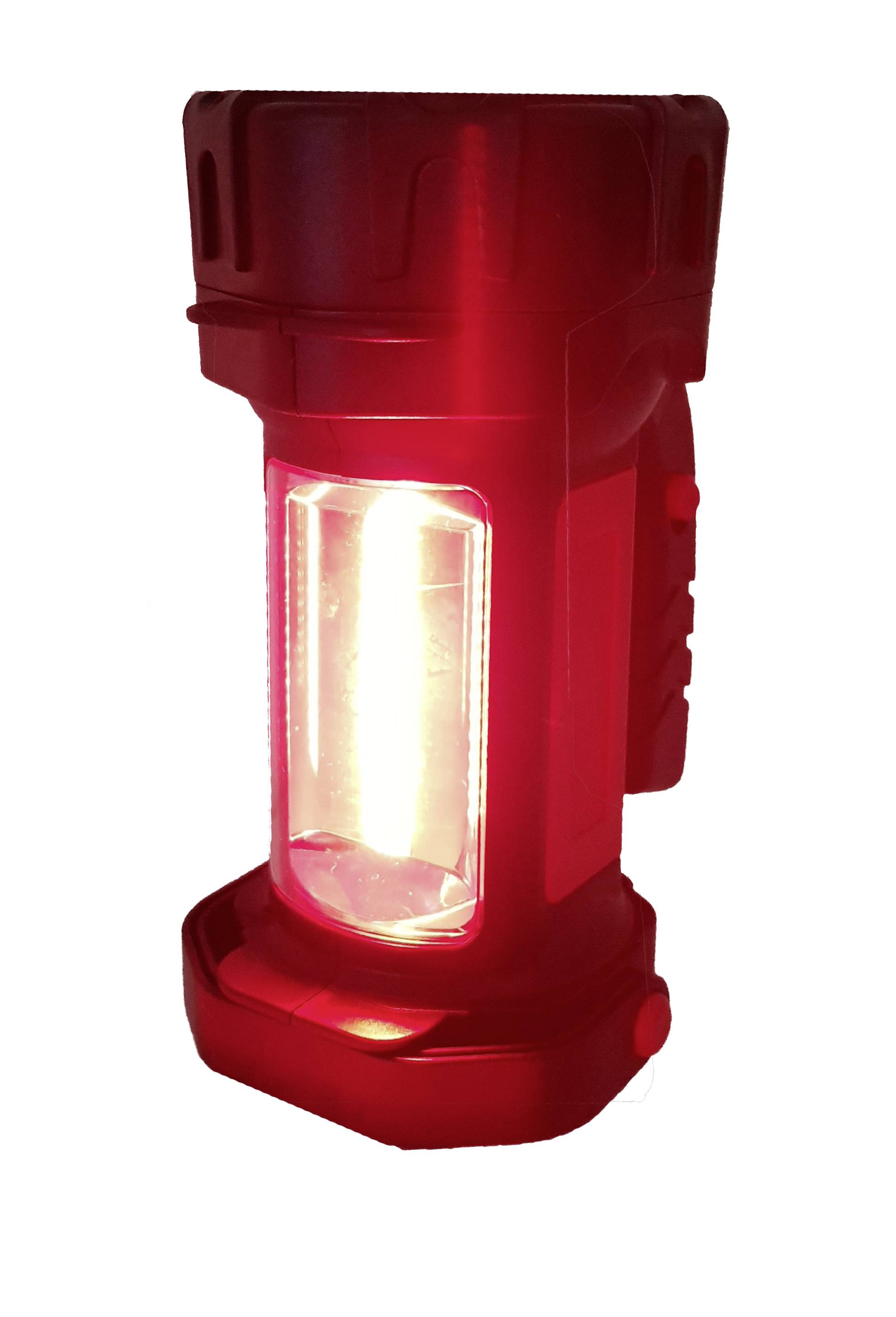 Rote Taschenlampe mit leuchtendem Innenlicht, geeignet für Camping oder Notfälle.