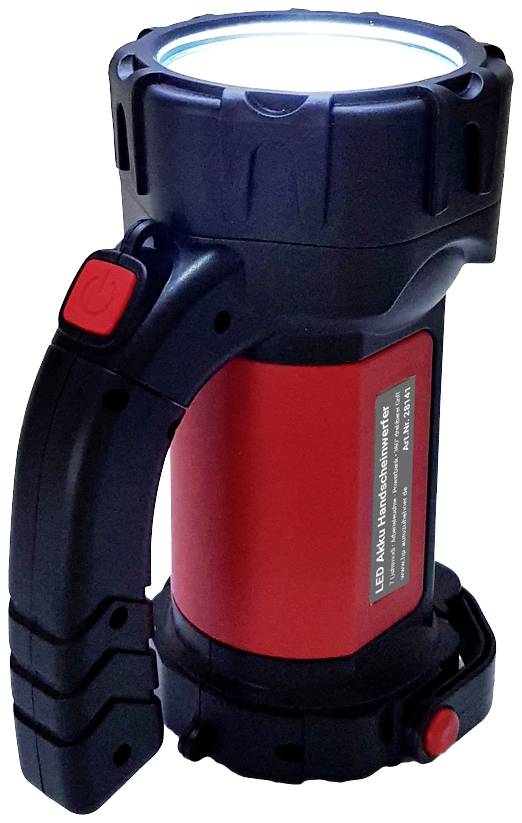 Eine tragbare, rote und schwarze LED-Taschenlampe mit einem roten Einschaltknopf und ergonomischem Griff, beleuchtet und leuchtend.