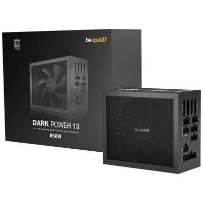 Be quiet! Dark Power 13 Netzteil, 850W, auf Vorderseite der Verpackung und Gerät selbst, schwarzes Design, mehrere Kabelanschlüsse.