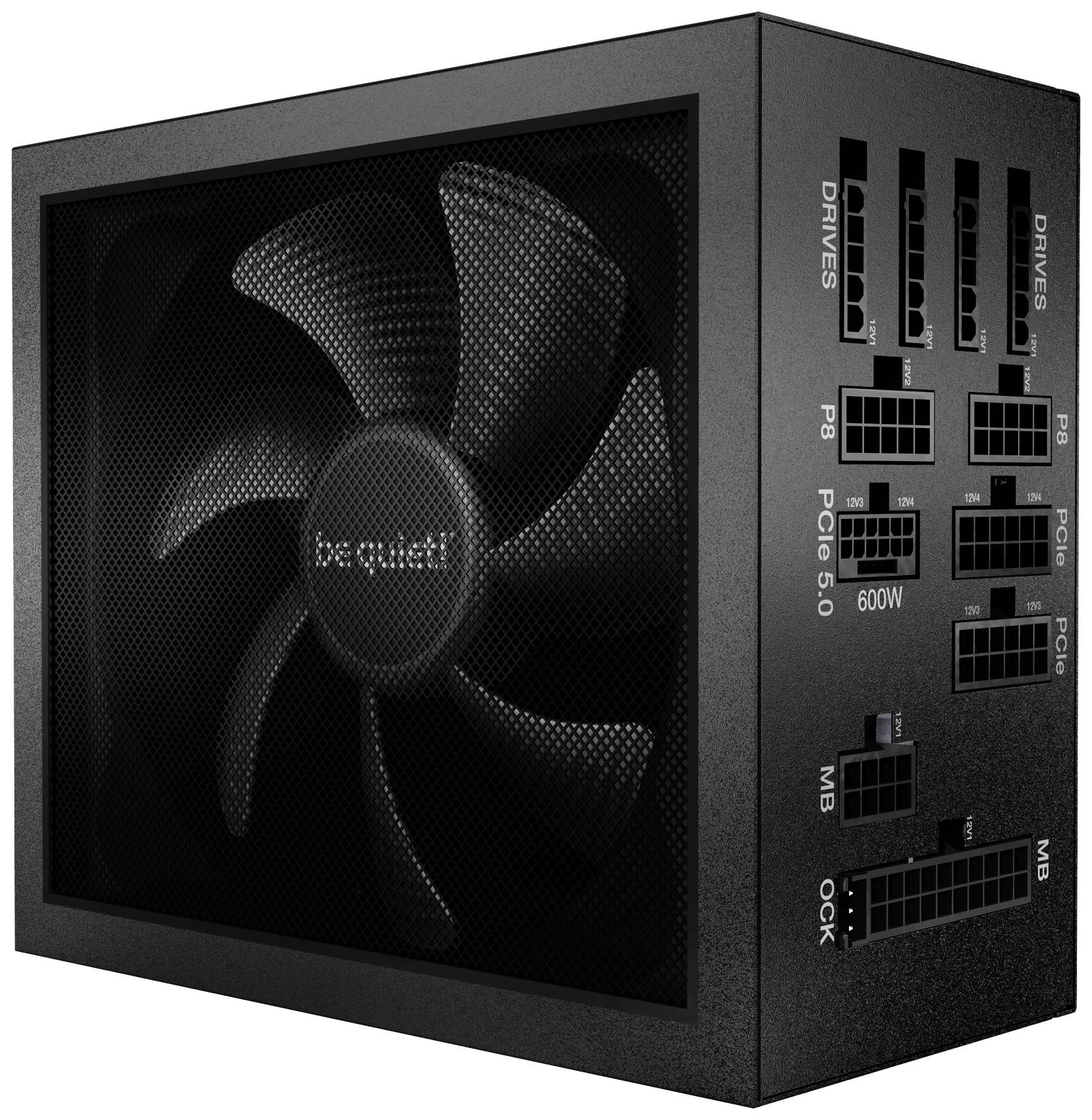 Netzteil mit schwarzem Gehäuse, sichtbarem Lüfter und verschiedenen Anschlüssen für Laufwerke und Motherboard.