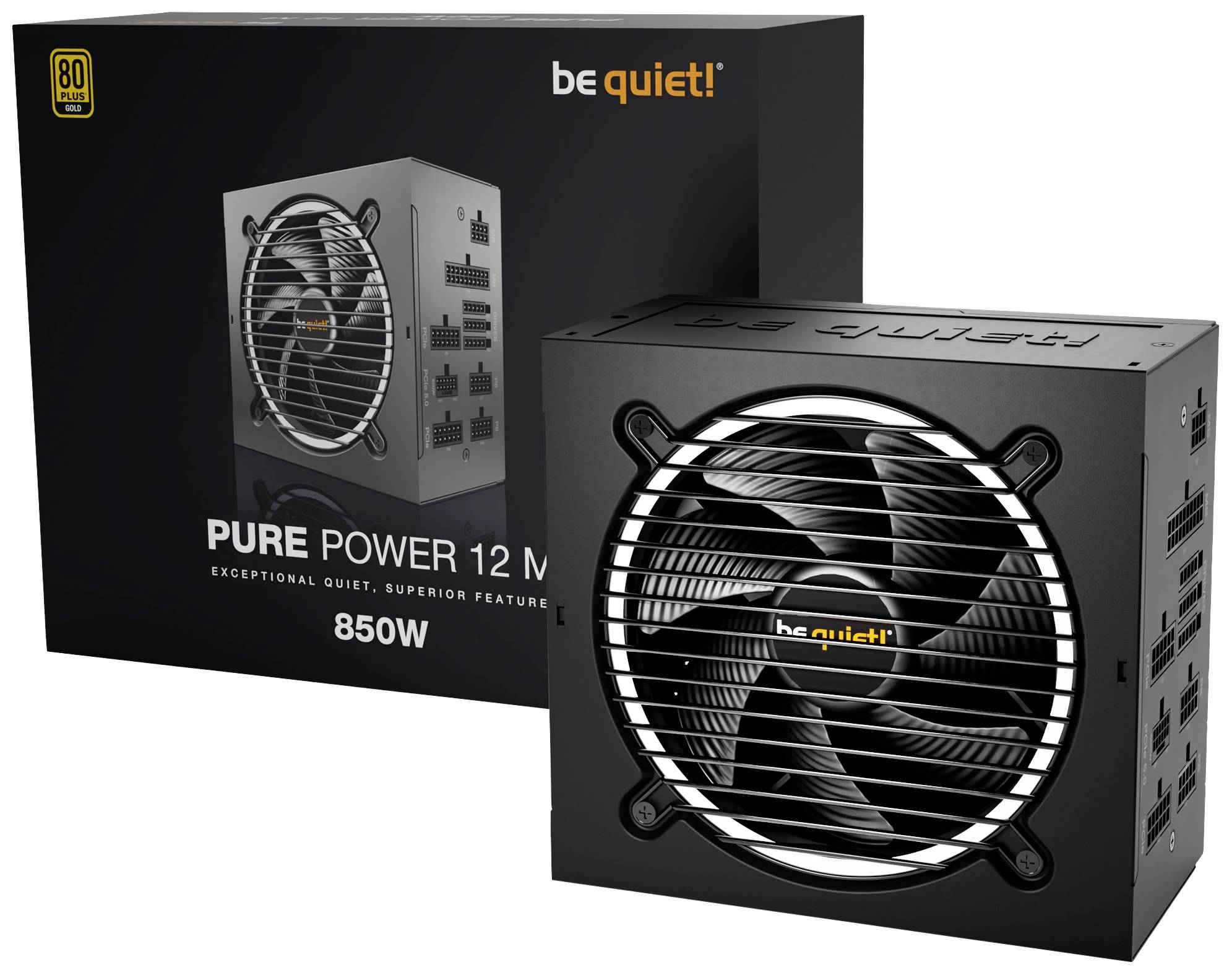 'Be Quiet! Pure Power 12 M 850W' Netzteil mit Lüfter und Verpackung. Schwarzes Design, betont leisen Betrieb und hohe Leistung.