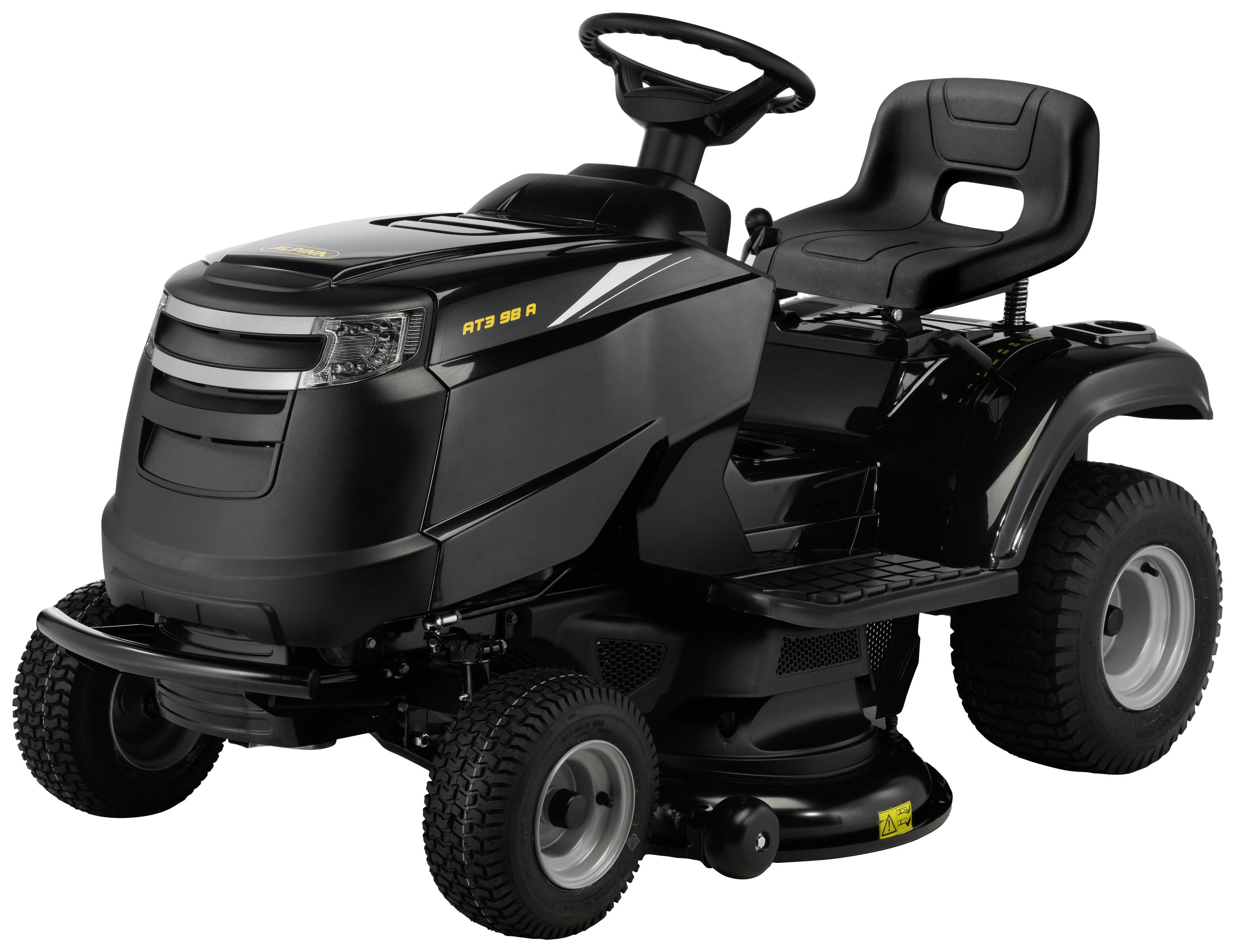 Schwarzer Aufsitzmäher mit robustem Design, geeignet für große Rasenflächen. Ausgestattet mit großem Sitz und Lenkrad.