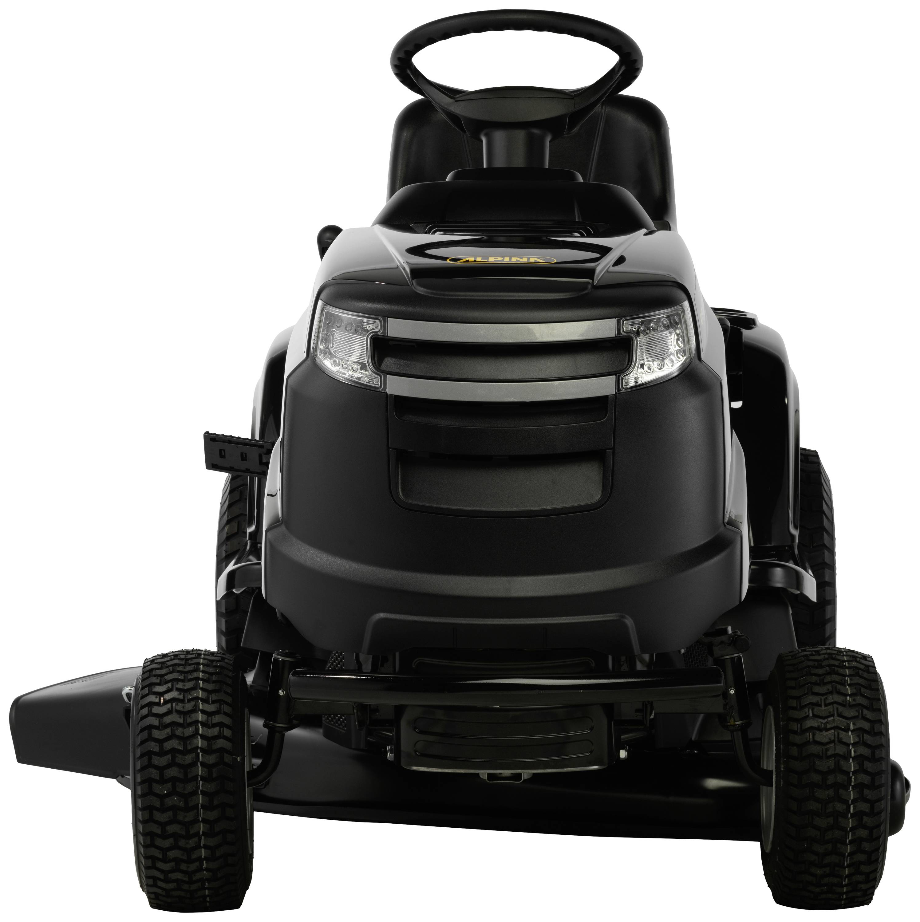 Ein schwarzer Aufsitzrasenmäher mit kantigem Design steht frontal zur Betrachtung.