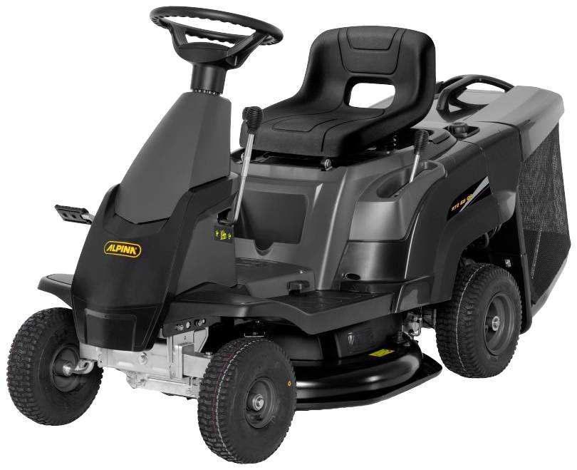 Ein schwarzer Aufsitzrasenmäher mit Lenkrad und Sitz, geeignet für die Gartenpflege auf größeren Flächen.