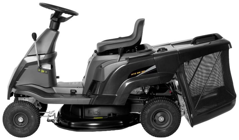 Rasenmäher-Traktor in Seitenansicht mit schwarzer Abdeckung und einem Sitz. Geeignet für größere Rasenflächen, zeigt moderne Bauweise.