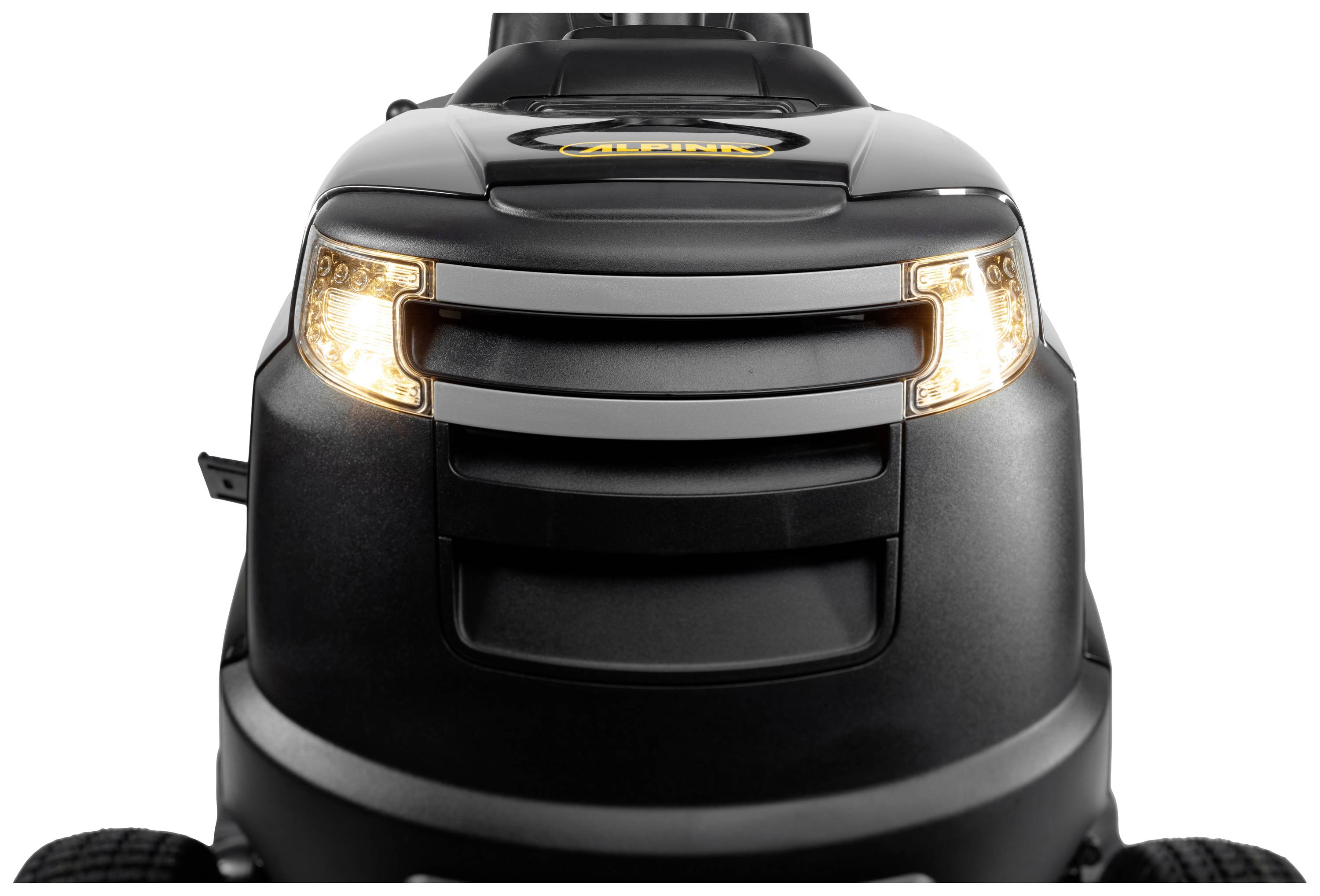 Rasenmäher in Frontalansicht mit eingeschaltetem Licht. Markenlogo oben sichtbar.