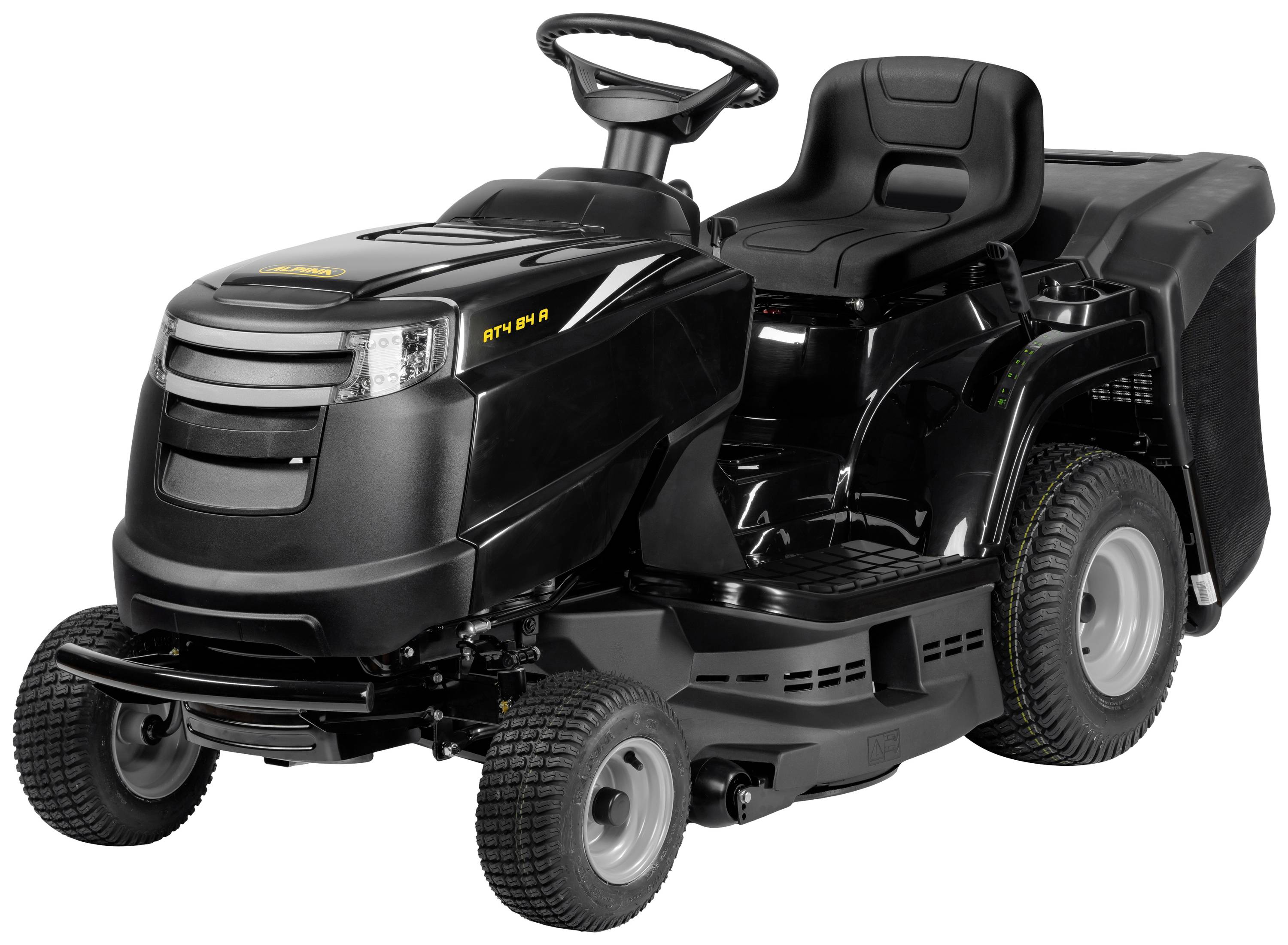 Rasenmähertraktor in Schwarz mit geschlossenem Fangkorb und lenkbarem Vorderrad. Geeignet für große Rasenflächen.