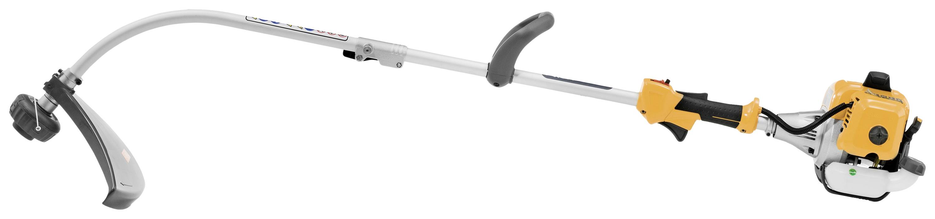 Benzinbetriebene Motorsense mit gebogenem Schaft und ergonomischem Griff, geeignet für präzises Beschneiden von schwer erreichbaren Stellen.