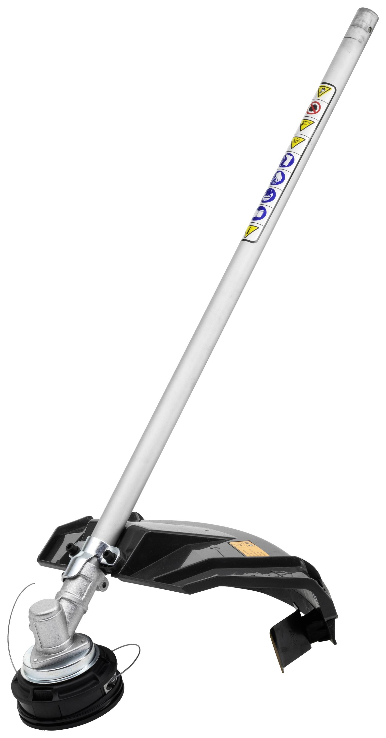 Ein Unkrauttrimmer mit einem langen silbernen Griff und einem schwarzen Schutz. Aufkleber mit Sicherheitshinweisen sind zu sehen.