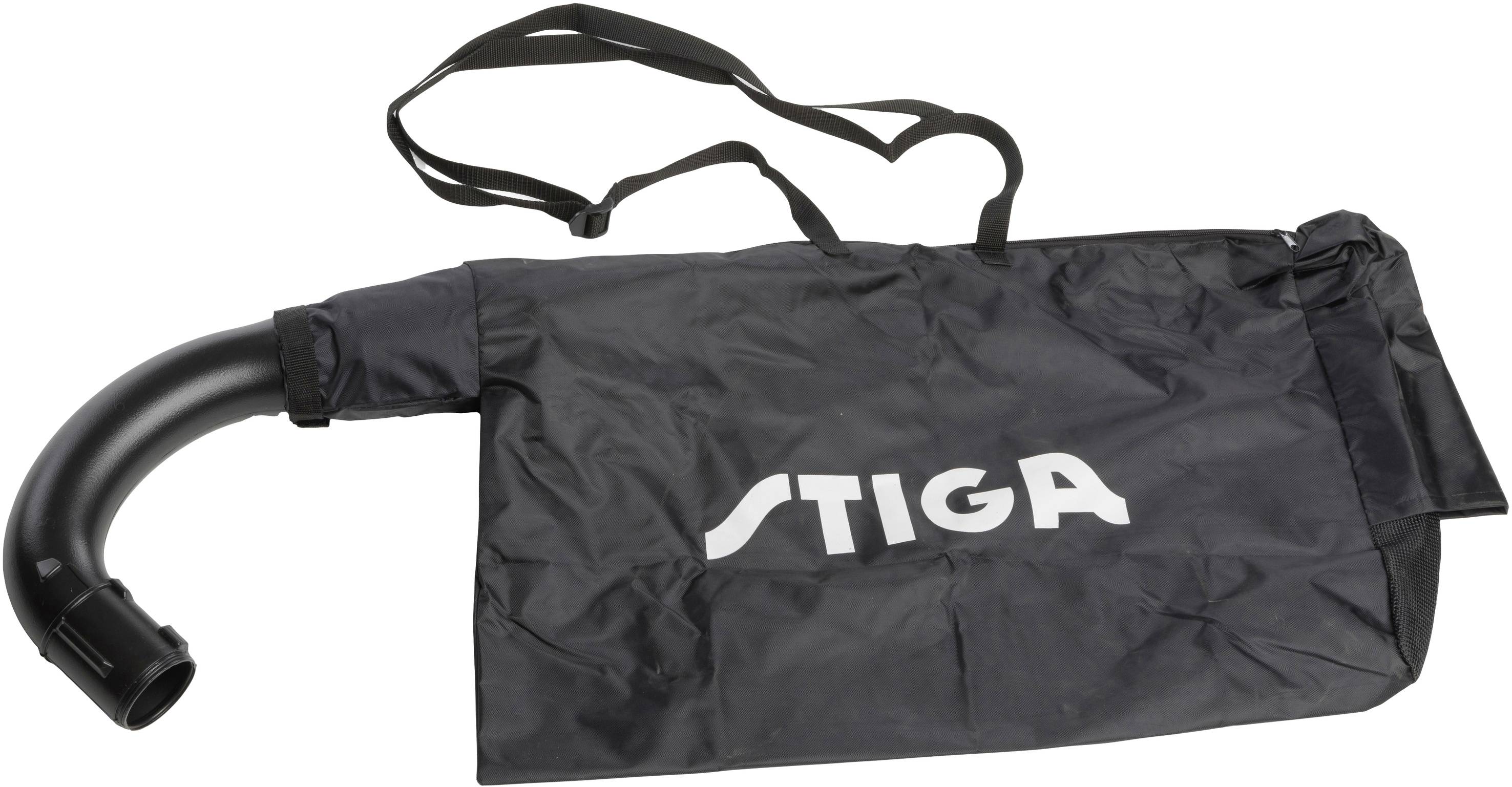 Ein schwarzer Laubsauger-Sack mit der Aufschrift 'STIGA' und einem gebogenen Kunststoffrohr an der Seite.