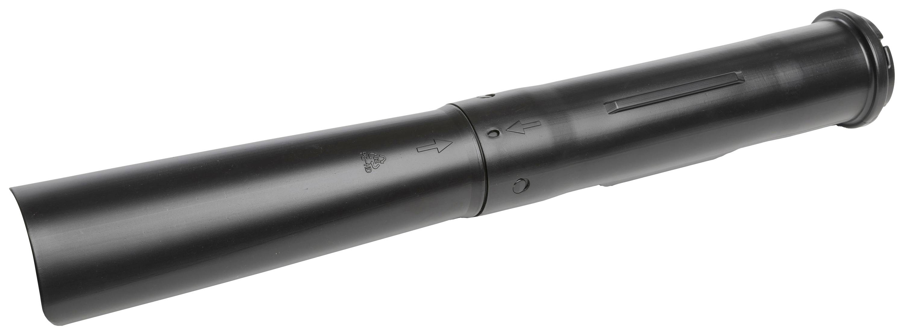 Ein schwarzes, zylindrisches Drainagerohr mit glatter Oberfläche.