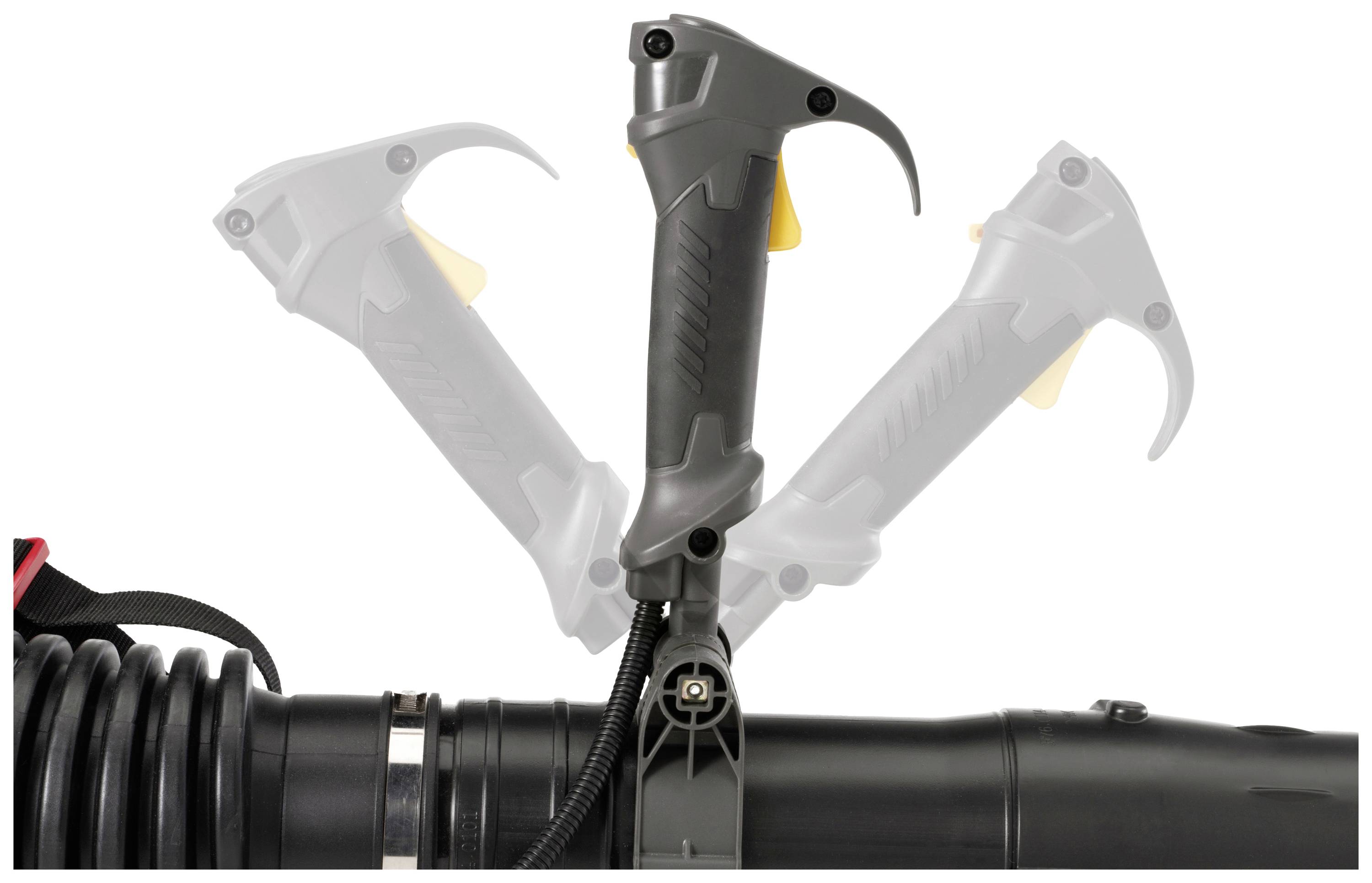 Ein ergonomischer Griff eines Laubbläsers mit mehreren einstellbaren Positionen zur besseren Handhabung.