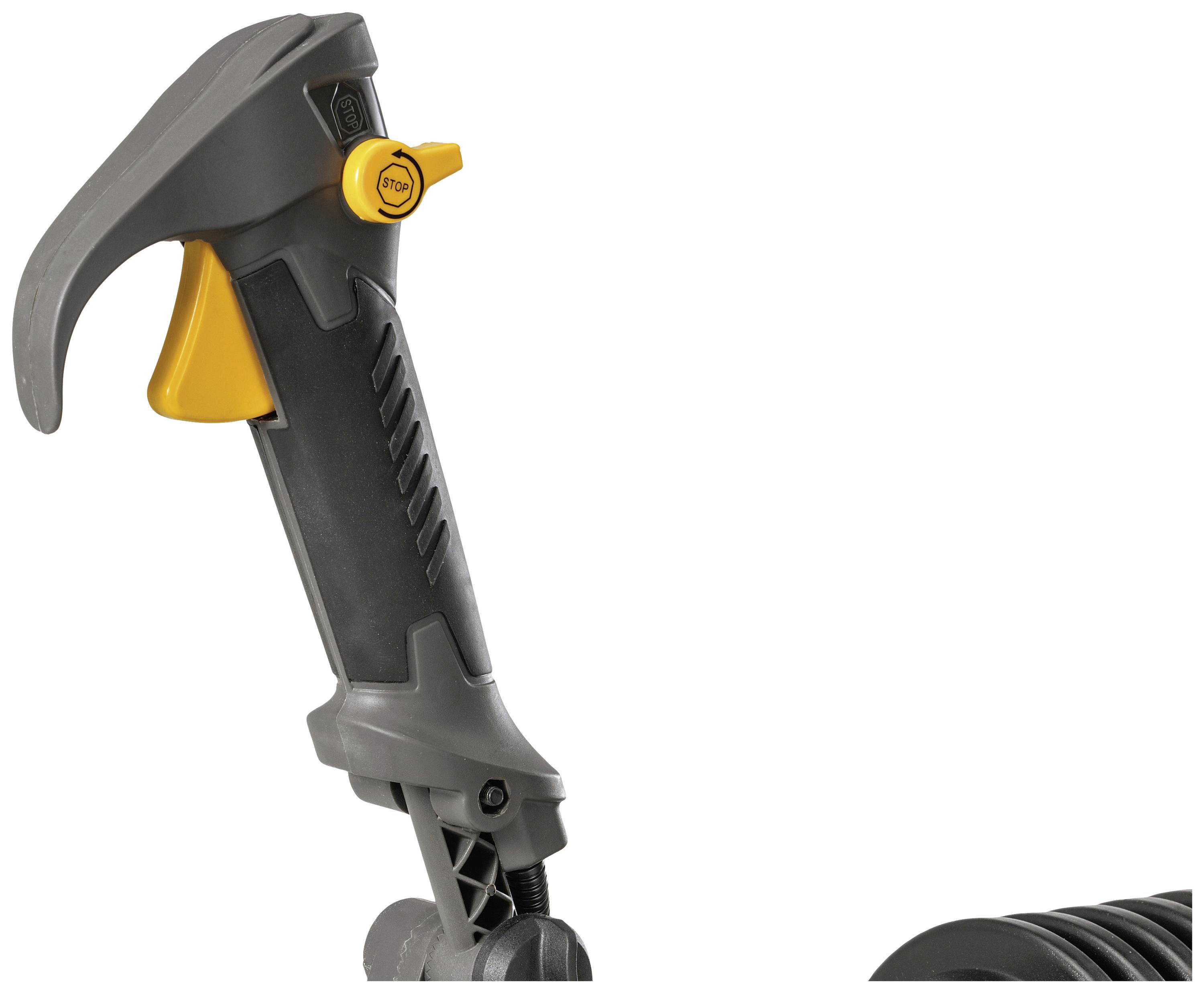 Ergonomischer Griff mit gelbem Druckknopf, geeignet für Gartengeräte. Der Griff hat schwarze und graue Bereiche für verbesserten Halt.