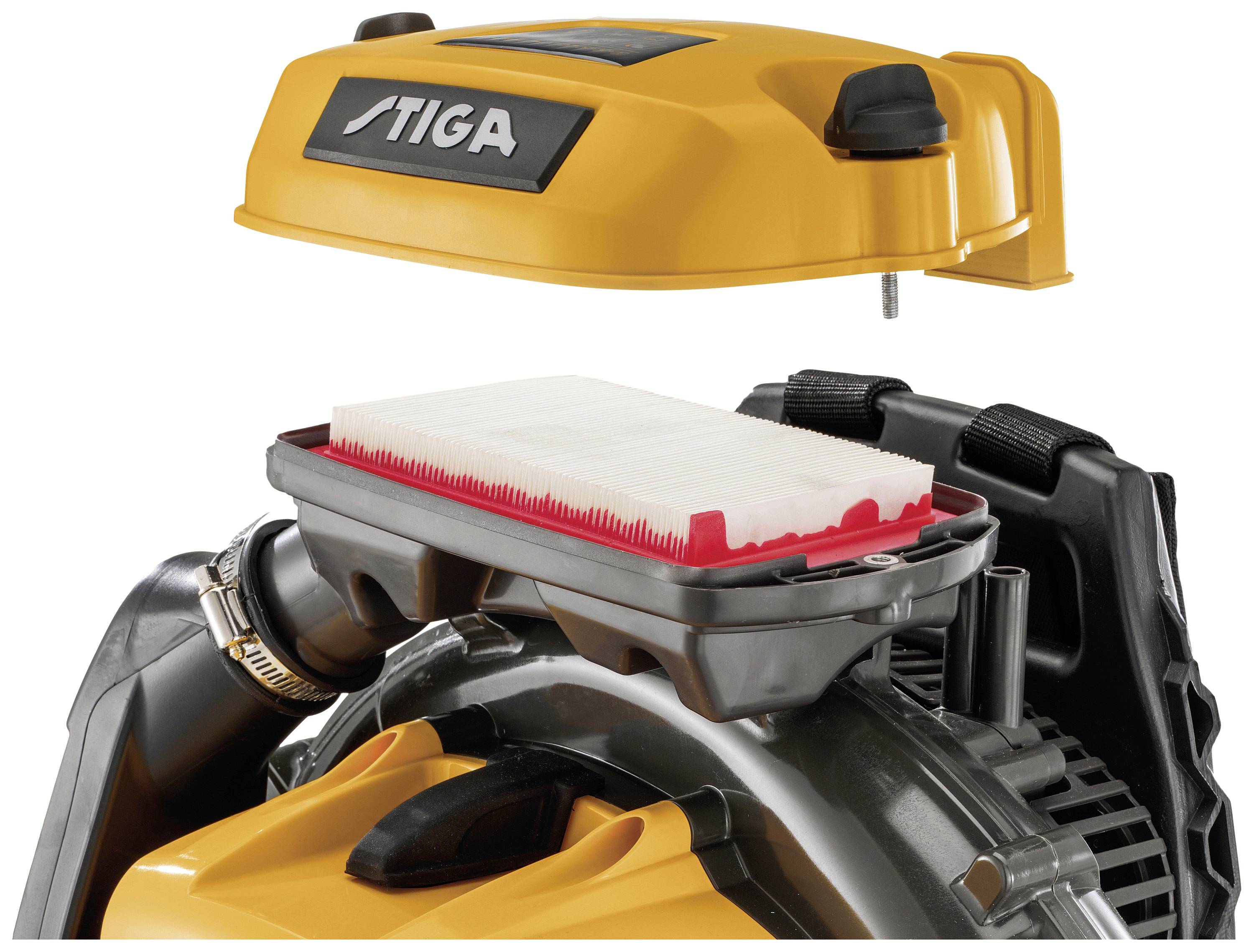 Laubbläser mit abgenommenem Luftfilter. Markierung 'Stiga' auf Abdeckung. Deutliche Ansicht der Filterposition am Gerät.