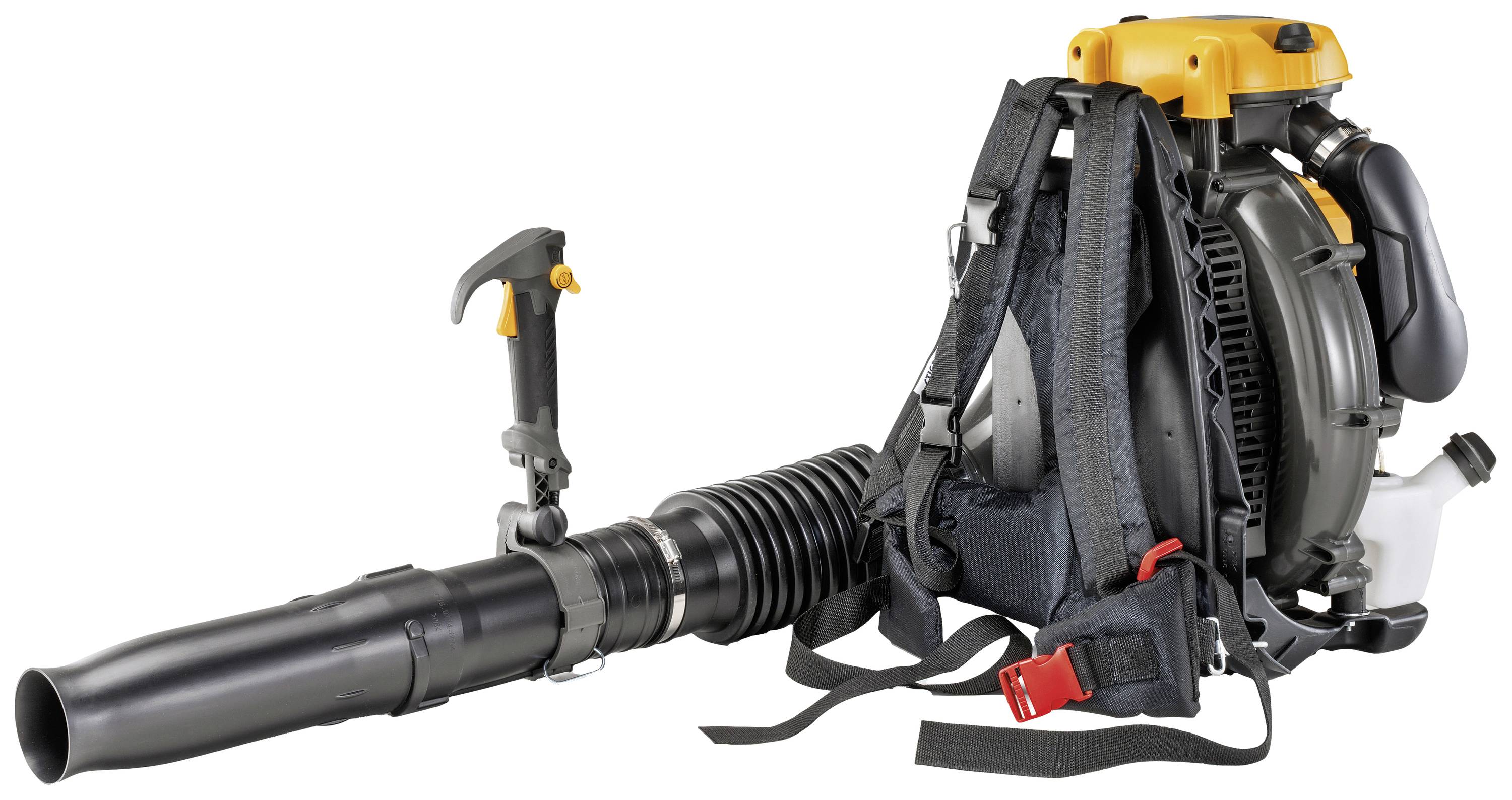 Ein tragbarer Laubbläser mit einem gelben Motor und schwarzem Gebläse, ausgestattet mit einem Rucksack-Tragesystem und Bedienelementen.