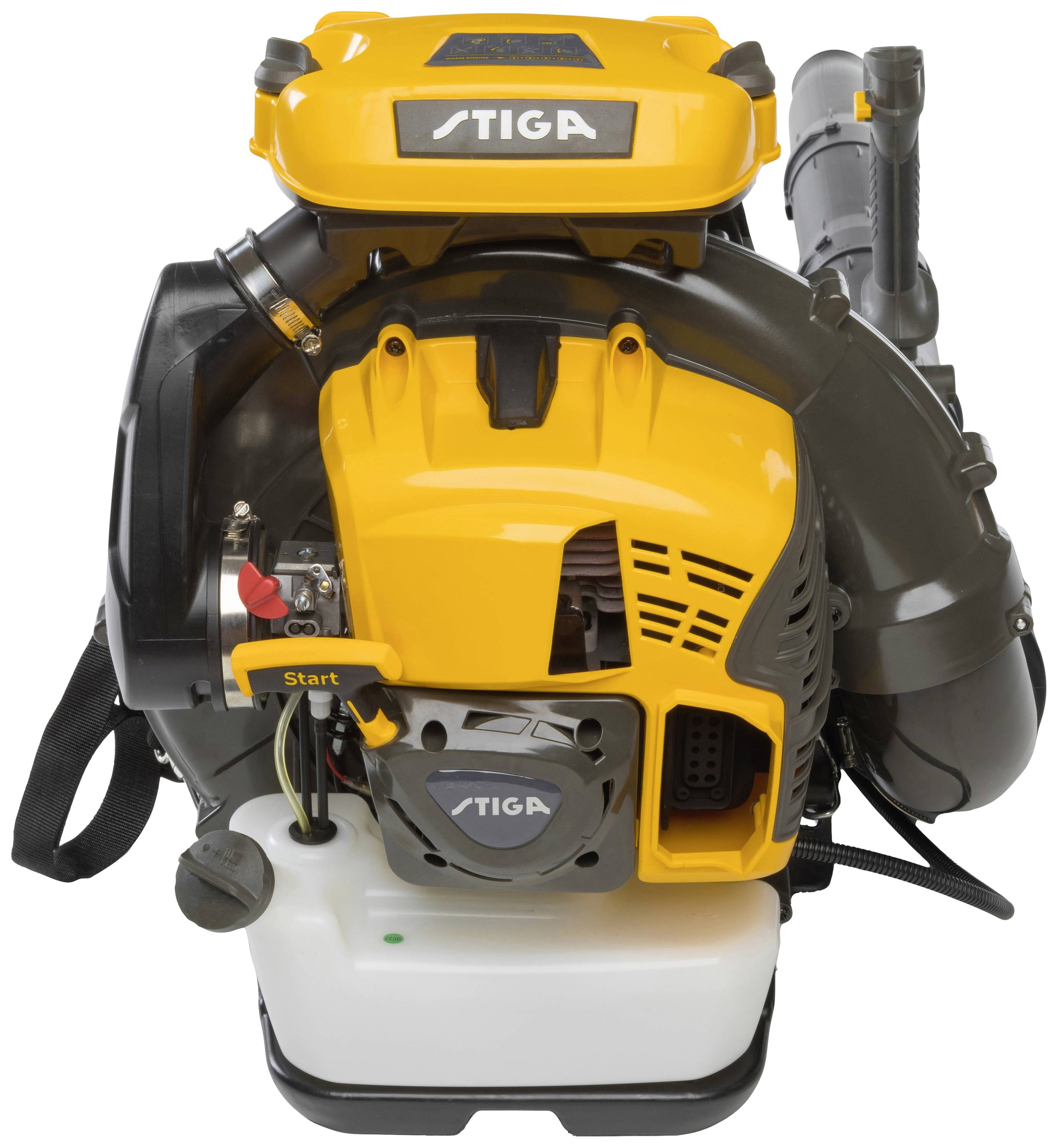 Laubbläser mit gelbem Gehäuse und schwarzem Griff. Markenname oben sichtbar. Tank und Startknopf vorne zu erkennen.