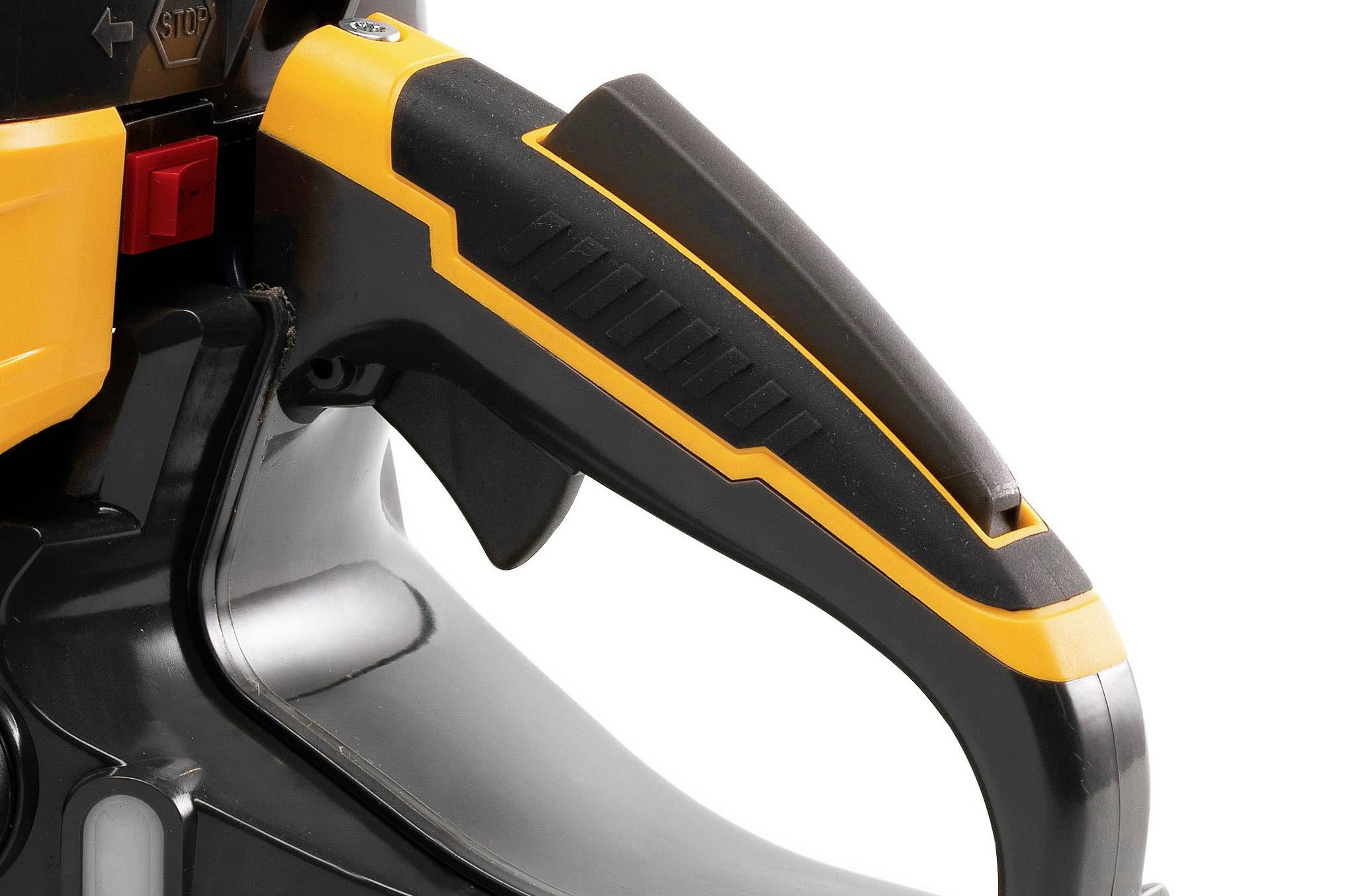 Ein Nahaufnahme eines schwarzen und gelben Griffs an einem Gerät, mit einer Stopptaste in der Nähe.