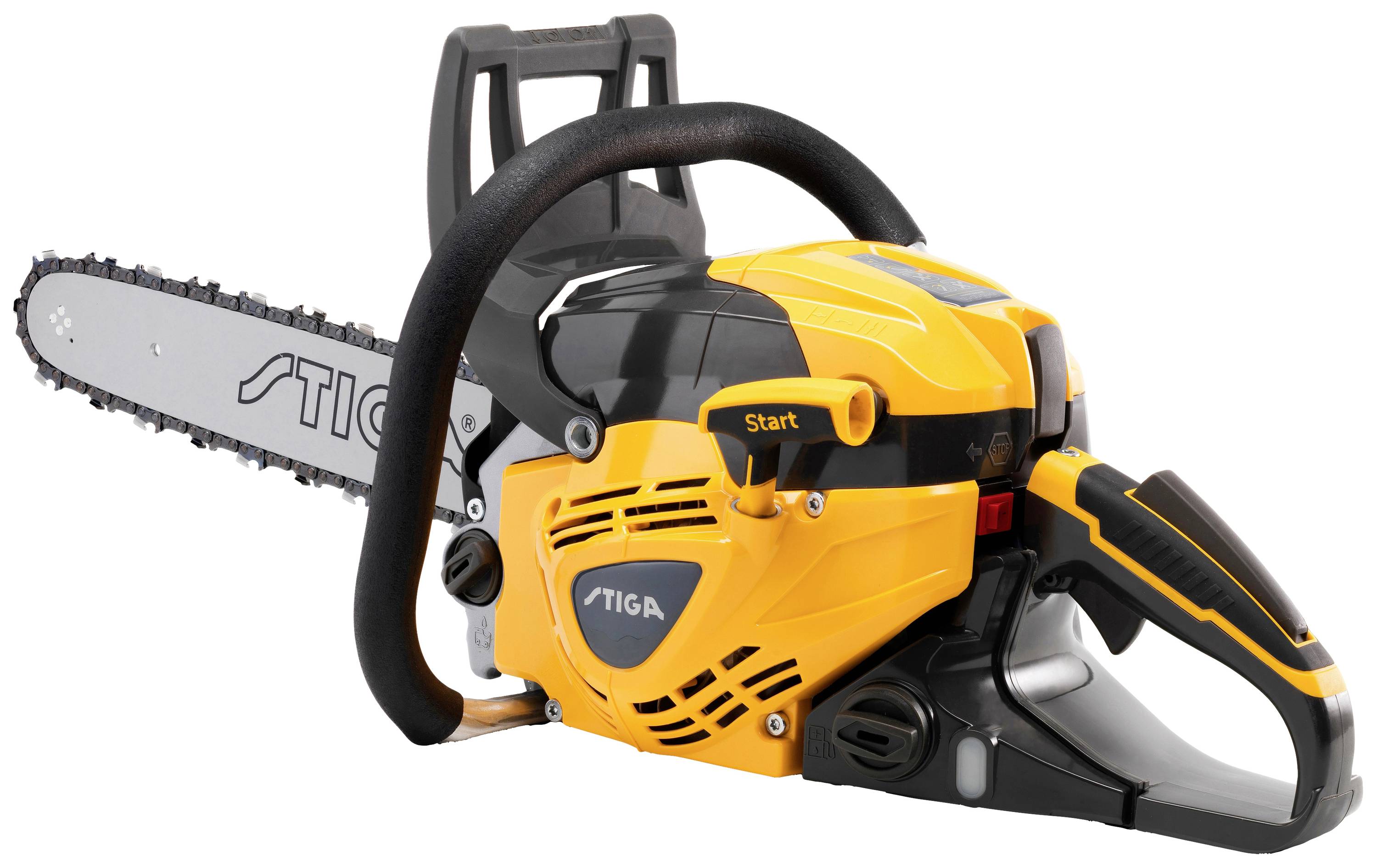 Kettensäge mit gelbem Gehäuse, schwarzem Griff und silberner Schiene. Markiert mit 'Stiga'.