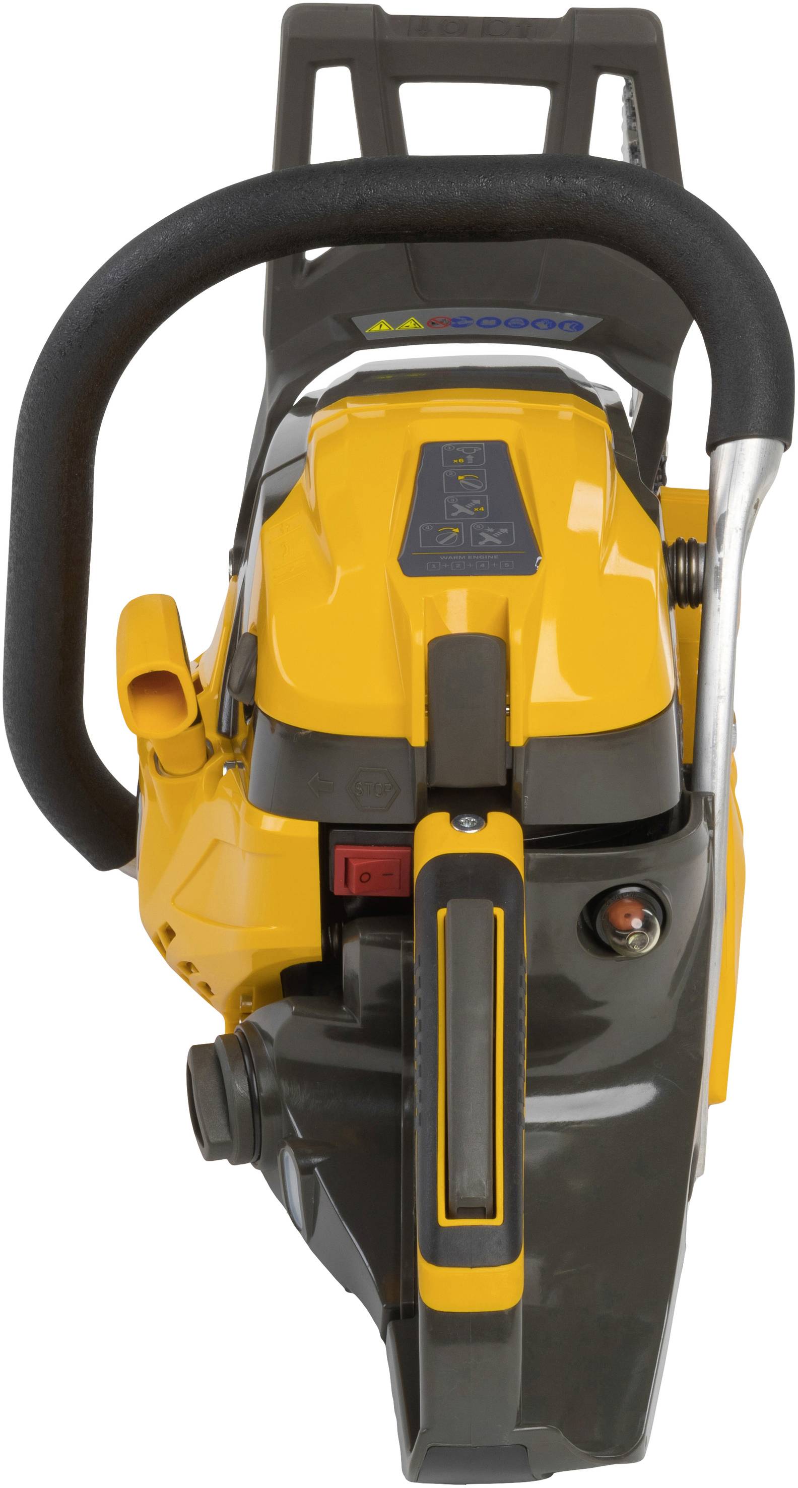 Eine gelbe Motorsäge mit schwarzem Griff, von oben fotografiert. Sie zeigt Bedienelemente und Schalter auf der Gehäuseoberseite.