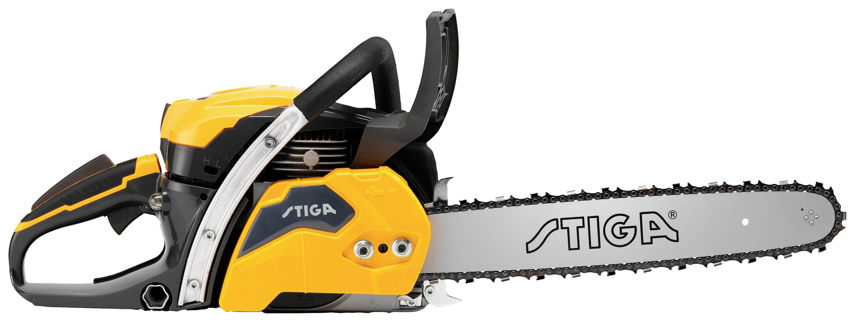 Kettensäge der Marke Stiga in Gelb und Schwarz, seitliche Ansicht.