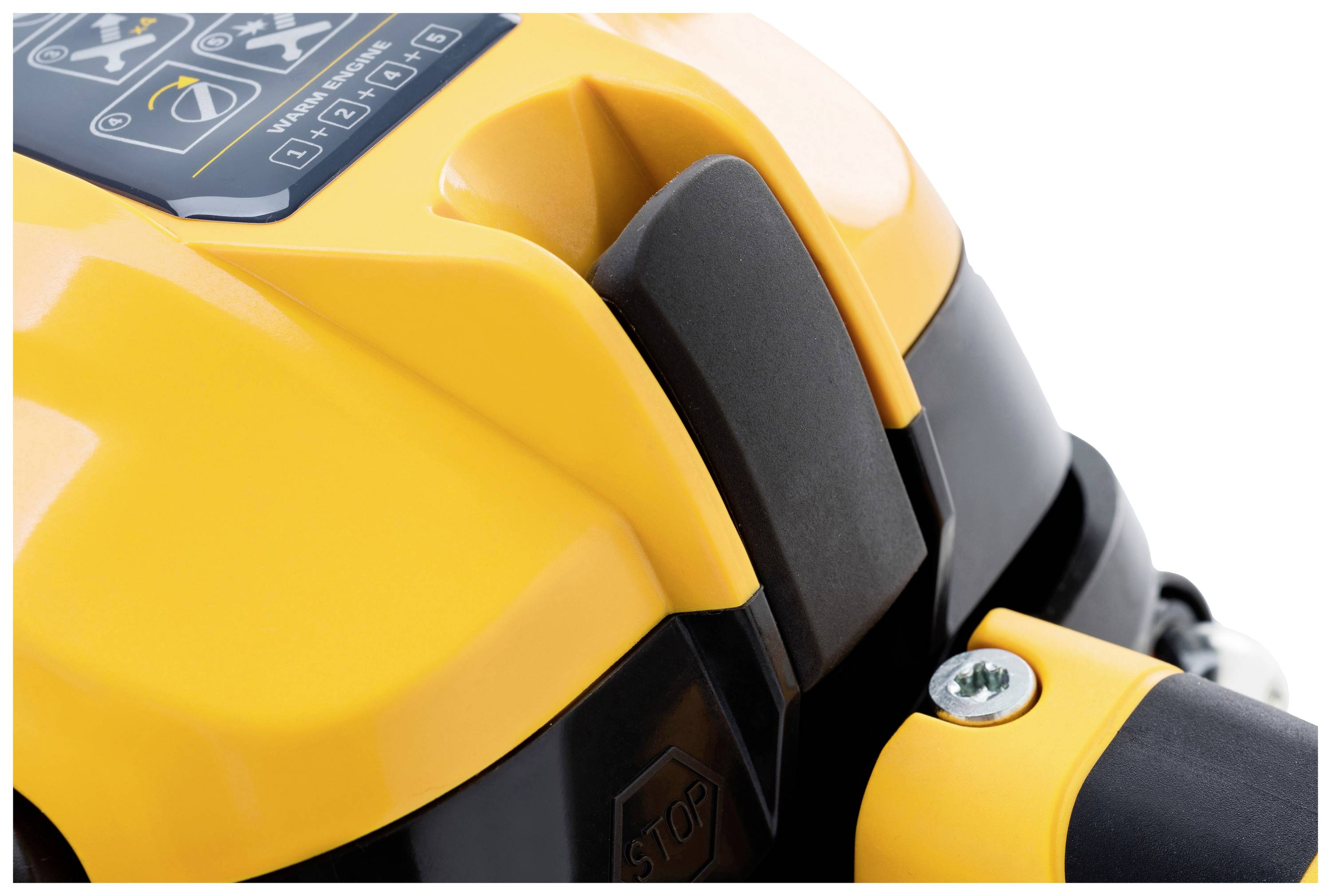 'Nahaufnahme eines gelben elektrischen Geräts mit einem schwarzen Knopf und einem Schraubenelement.'