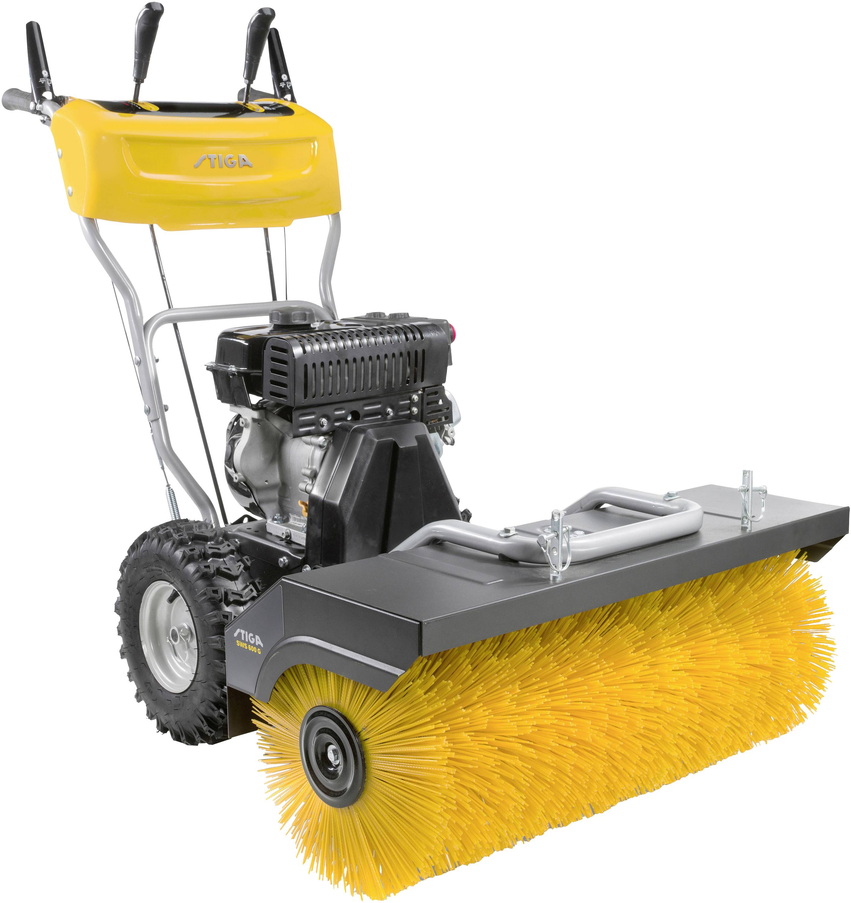 Eine gelbe Kehrmaschine mit großen Borsten, die für die Außenreinigung verwendet wird. Sie hat einen Motor oberhalb der Bürste.