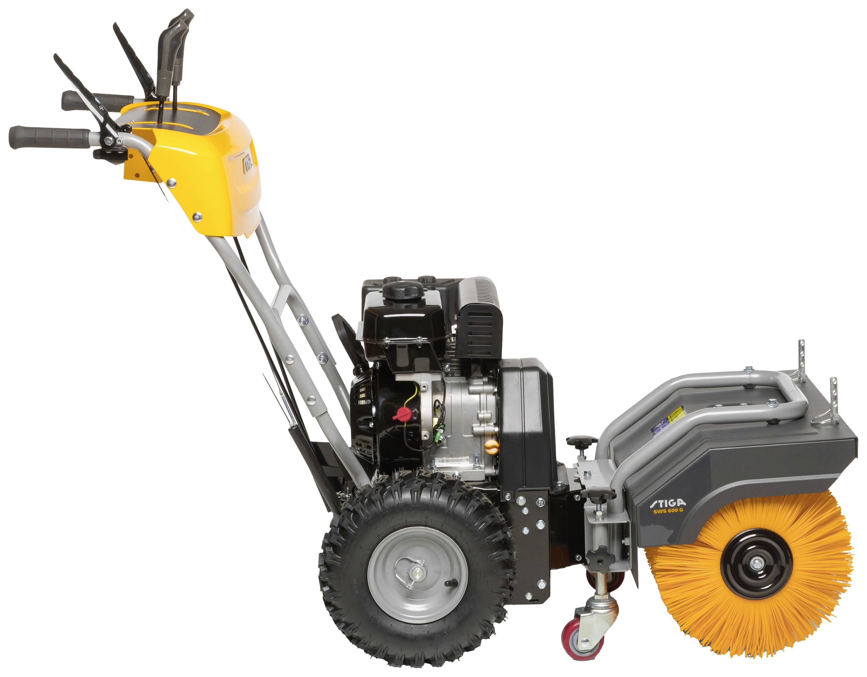 Ein Straßenkehrmaschine, gelb und grau, mit großen Rädern und einer rotierenden Bürste vorne, eignet sich für Gehwege und Einfahrten.