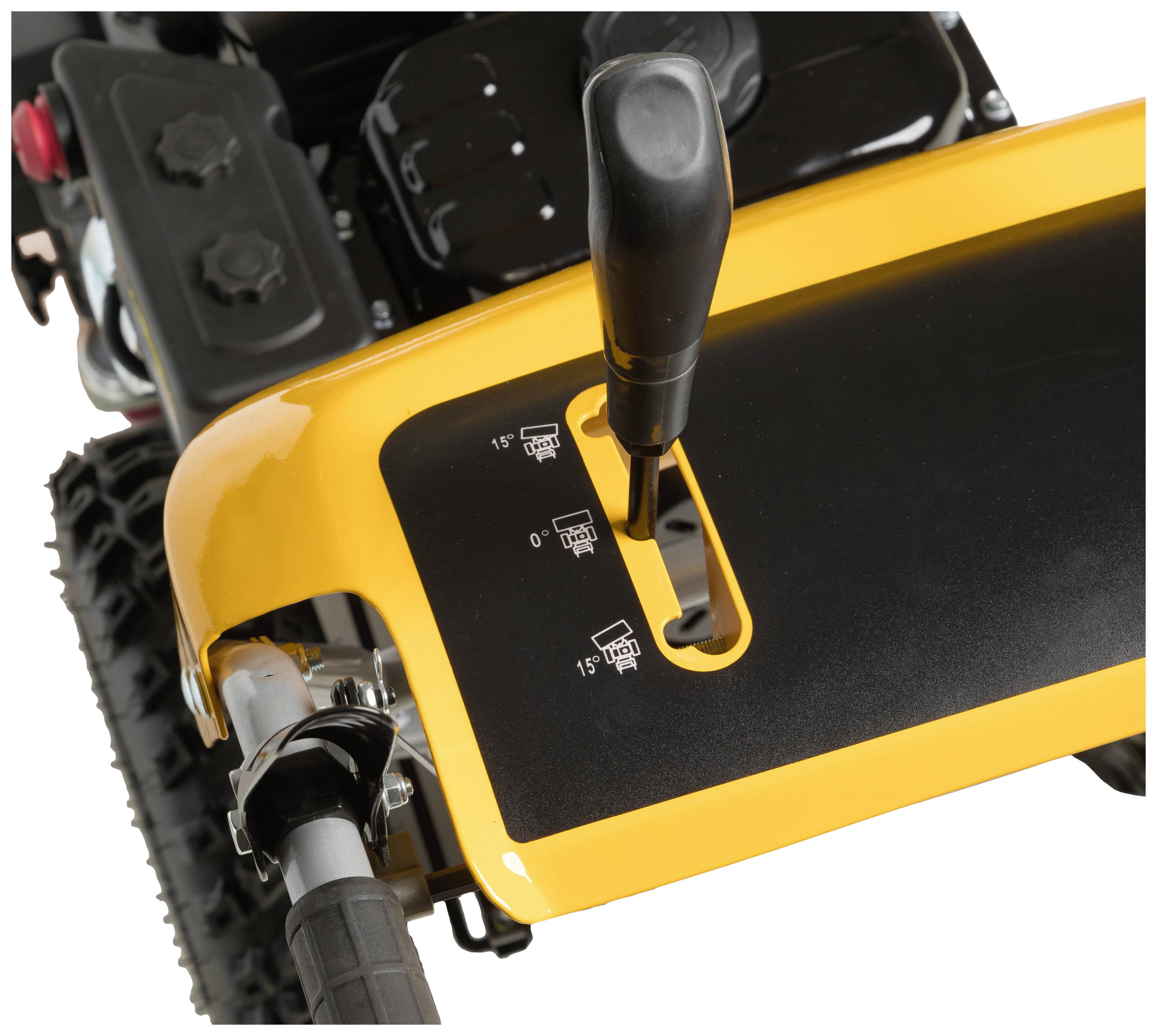 Nahaufnahme eines gelben Schalthebels auf einem Geländefahrzeug, der verschiedene Schaltmodi anzeigt.