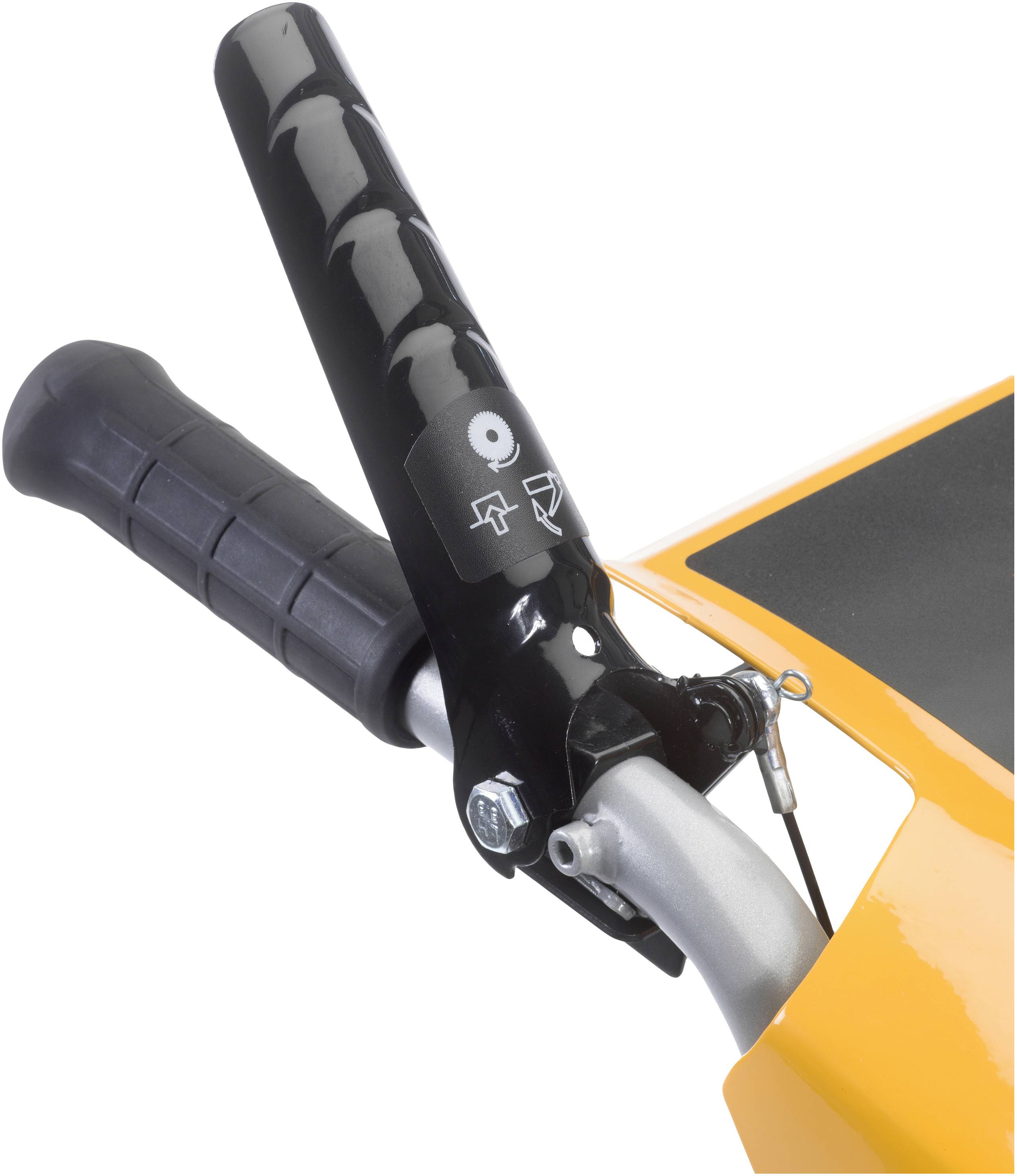 Ein schwarzer Hebel mit Griff und Symbolen auf einem orangefarbenen Gerät, vermutlich zur Bedienung oder Steuerung.