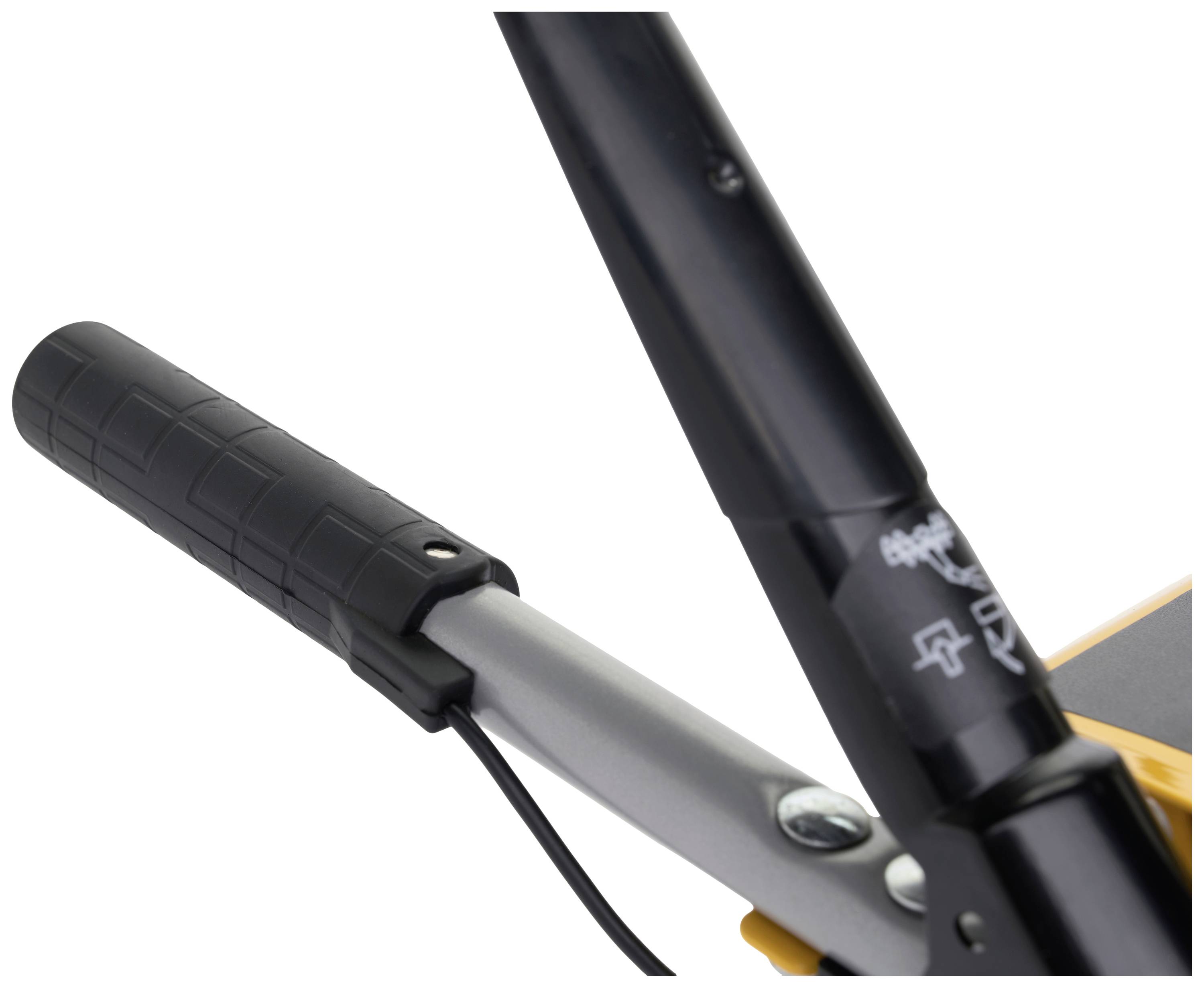 Nahaufnahme eines Fahrradlenkers mit Gummigriff und Hebel an einer dunklen Metallstange. Links ein freiliegendes Kabel.