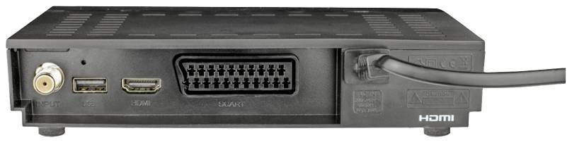 Schwarzer TV-Receiver mit Anschlüssen: Antenne, HDMI, SCART und Ethernet. HDMI-Kabel ist eingesteckt.