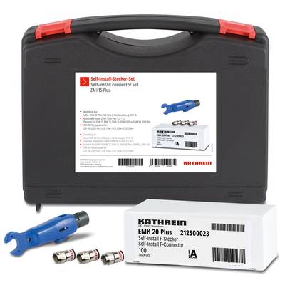 'Self-Install-Stecker-Set' von Kathrein mit Steckern, Werkzeug und Verpackung. Set für einfache Installation von F-Steckern.
