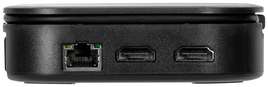 Ein kompaktes, schwarzes Gerät mit Ethernet-Anschluss und zwei HDMI-Anschlüssen an einer Seite, geeignet für Netzwerk- und Videoverbindungen.
