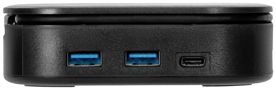 Ein schwarzes elektronisches Gerät mit zwei blauen USB 3.0-Ports und einem USB-C-Port auf der Vorderseite.