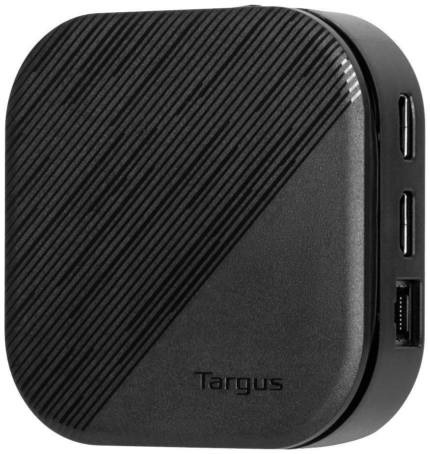 Schwarzes, quadratisches Ladegerät von Targus mit mehreren USB-Anschlüssen. Kompaktes Design mit diagonalem Muster auf der Vorderseite.