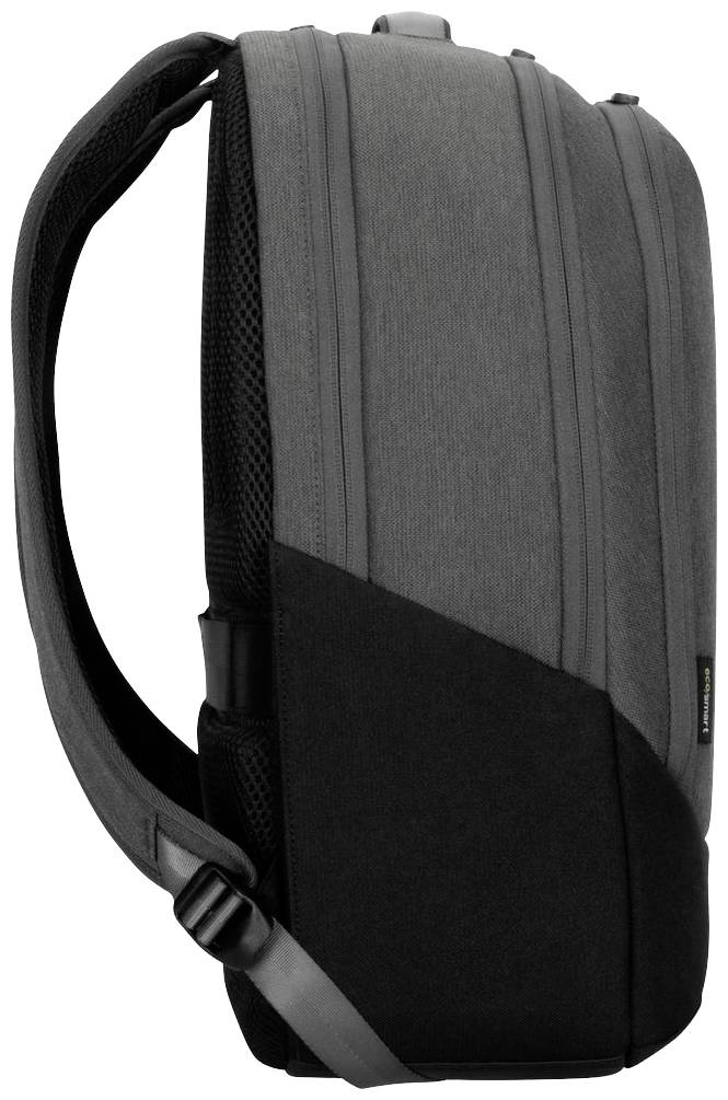 Grauer Rucksack mit zwei Schultergurten und einer schwarzen Seitentasche, seitliche Ansicht. Ideal für den täglichen Gebrauch oder Reisen.