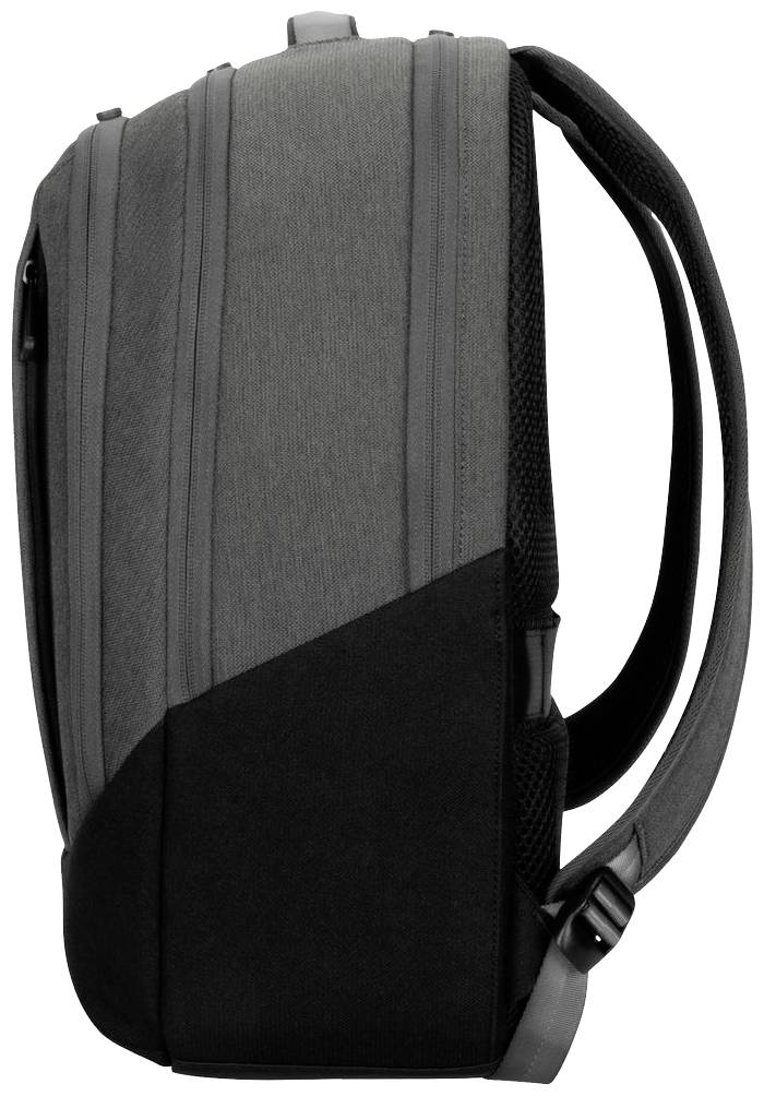 Grauer moderner Rucksack aus Stoff, seitlich fotografiert, mit schwarzen Akzenten, verstellbaren Trägern und mehreren Fächern.