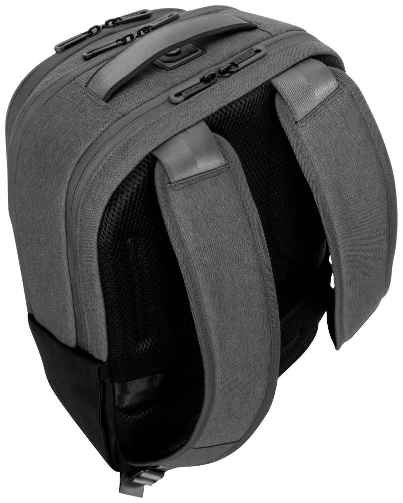 Grauer Rucksack mit zwei gepolsterten Schultergurten und mehreren Reißverschlusstaschen. Ideal für Reisen oder Schule.