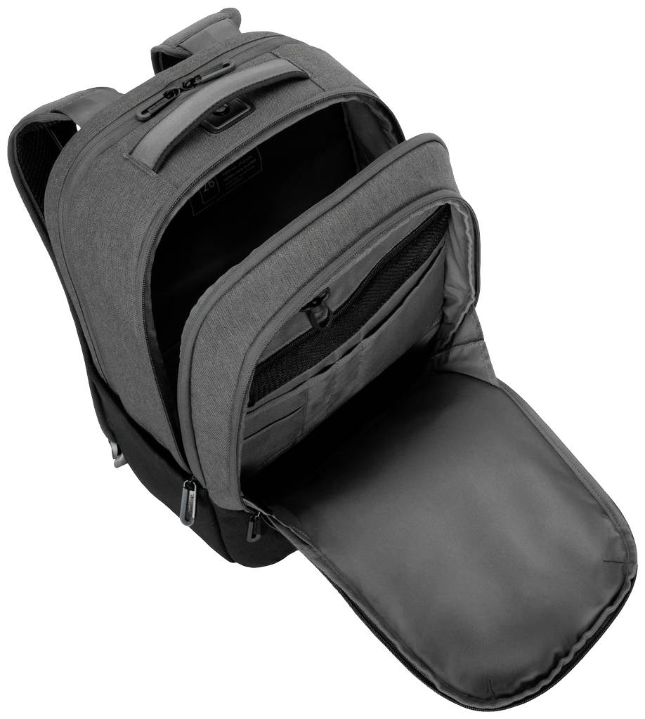 Grauer Rucksack mit aufgerissenem Hauptfach, zeigt mehrere Innenfächer, geeignet für Organisation und Aufbewahrung von Gegenständen.