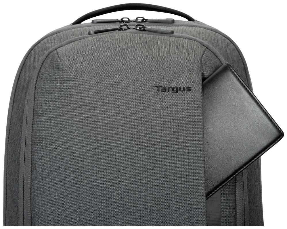 Ein grauer Targus-Rucksack mit einem schwarzen Laptopfach, das teilweise sichtbar ist.