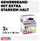 'Gewebeband mit extra starkem Halt.' Abbildung einer Verpackung von 'tesa extra Power Perfect.' Inhalt: 3 Rollen, 2,75 m x 38 mm, weiß.
