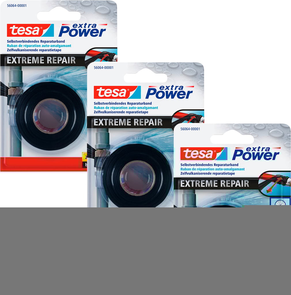 Drei Packungen mit 'tesa extra Power Extreme Repair' Klebeband werden präsentiert. Jede Packung enthält eine Rolle schwarzes Klebeband, das für selbstverbindende Reparaturen beworben wird.