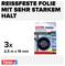 'REISSFESTE FOLIE MIT SEHR STARKEM HALT' zeigt eine Verpackung von Tesa 'extra Power Extreme Repair', 3 Rollen, 2,5 m x 19 mm.