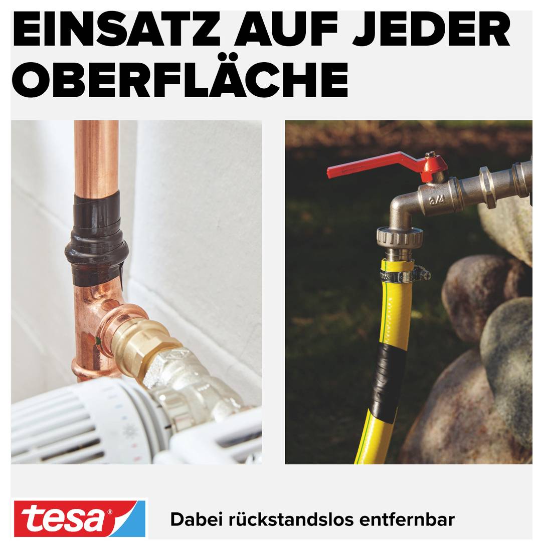Das Bild zeigt zwei Anwendungsbeispiele für Klebeband auf verschiedenen Oberflächen, darunter eine Wasserleitung und ein Heizungsrohr.