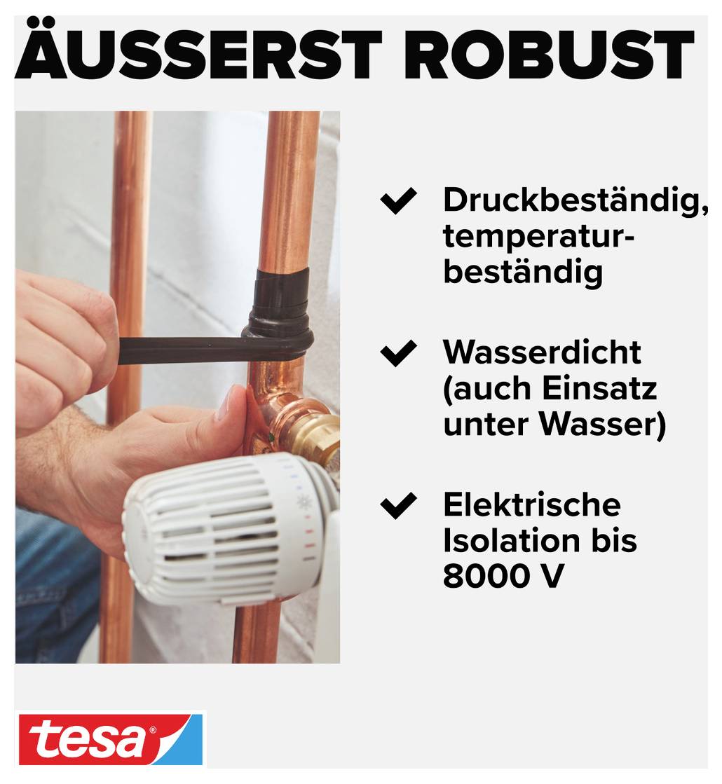 'Äußerst robust' steht oben. Bild zeigt eine Person, die ein Klebeband an einer Kupferleitung anbringt. Text betont Druck-, Temperaturbeständigkeit, Wasserdichtigkeit und elektrische Isolation.