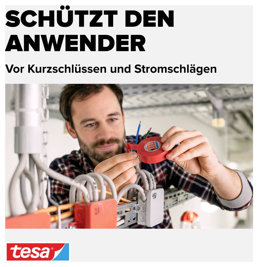 Ein Mann arbeitet an elektrischen Leitungen in einem Schaltkasten mit der Botschaft 'Schützt den Anwender' und 'Vor Kurzschlüssen und Stromschlägen'.